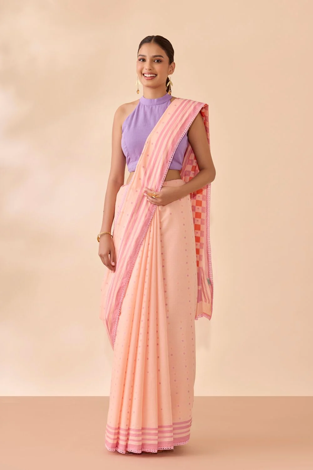 Light Orange Screen Printed Bengal Pure Cotton Saree with Unstitched Blouse Piece